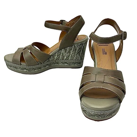 Clarks Taupe Multi Leather Platform Wedge Sandals Peep Toe Size 8.5 Medium - Picture 8 of 11